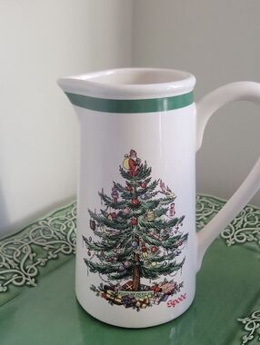 Spode White Ceramic Holiday Pitcher with Green Trim and Tree Motif